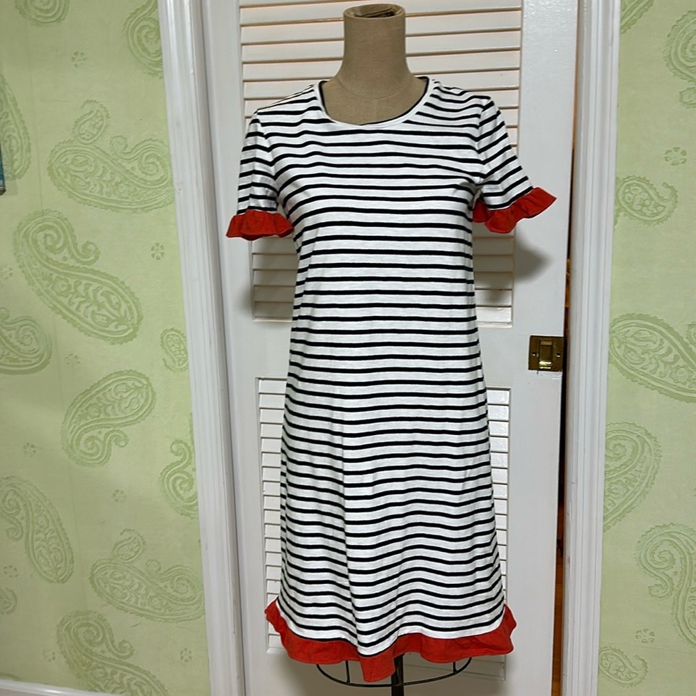Boden Emily Jersey Dress, Navy and White with Red/ Orange Ruffle Trim, Size 8